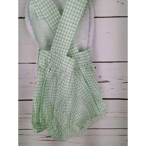 Green Checkered Baby Romper With Lace Trim By The Oaks Apparel Size 9 Months - Picture 6 of 7